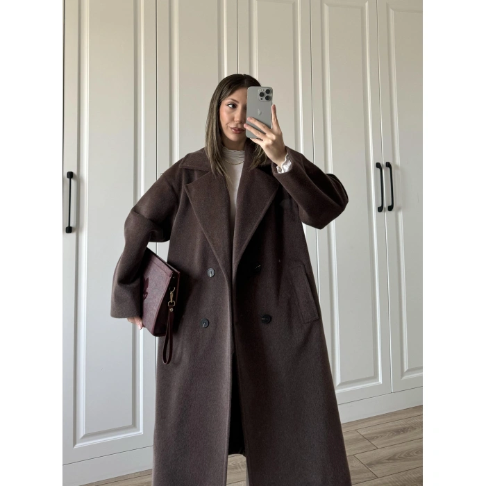 Oversize Premium Astarlı Kahve Yün Kaban