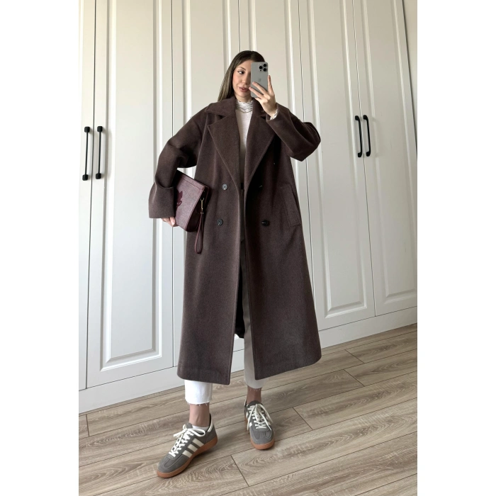 Oversize Premium Astarlı Kahve Yün Kaban