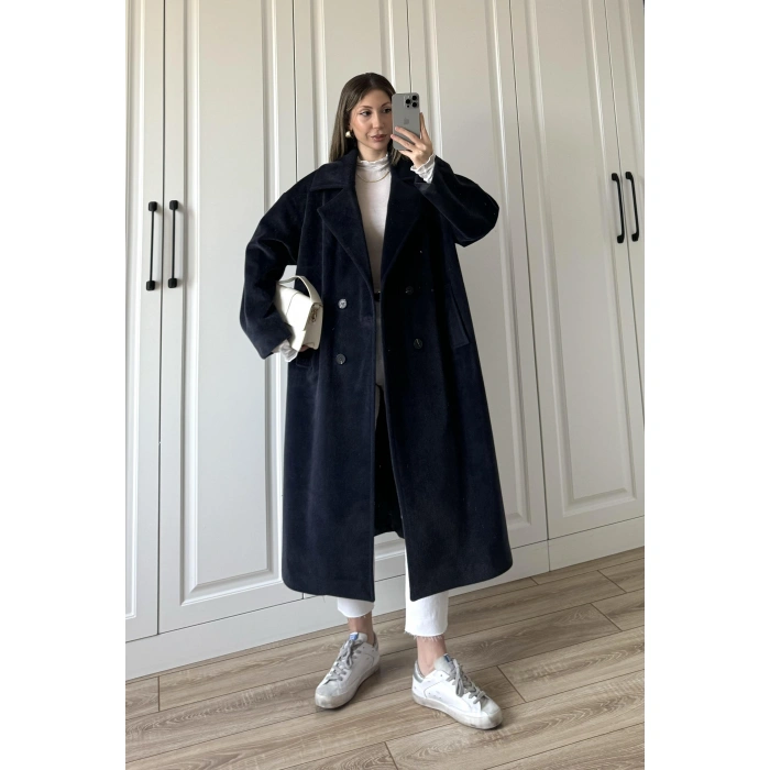 Oversize Premium Astarlı Lacivert Yün Kaban