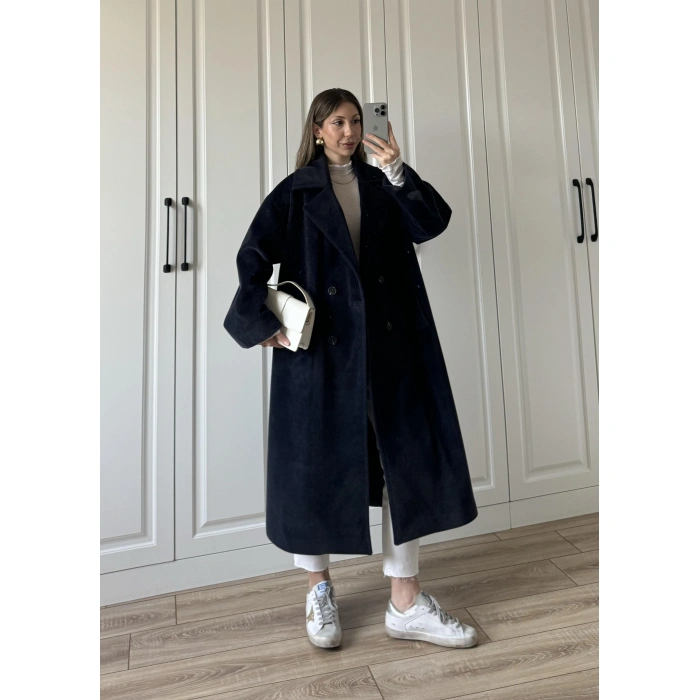 Oversize Premium Astarlı Lacivert Yün Kaban