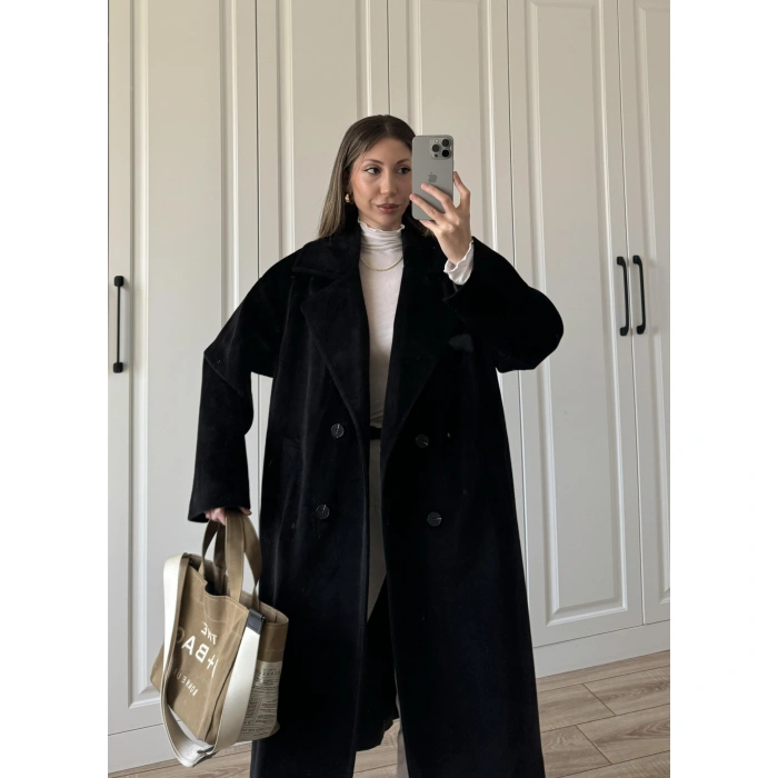 Oversize Premium Astarlı Siyah Yün Kaban