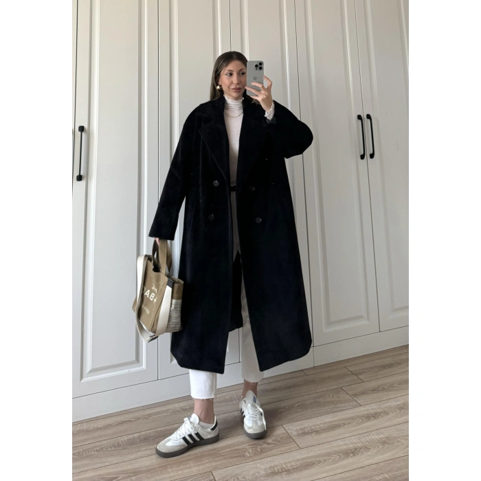 Oversize Premium Astarlı Siyah Yün Kaban