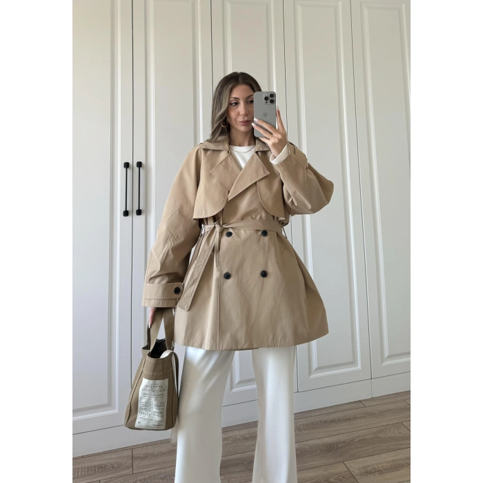 Poem Kuşaklı Astarlı Oversize Bej Trençkot