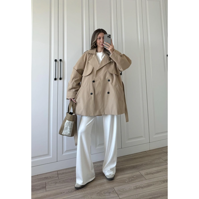 Poem Kuşaklı Astarlı Oversize Bej Trençkot