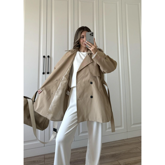 Poem Kuşaklı Astarlı Oversize Bej Trençkot