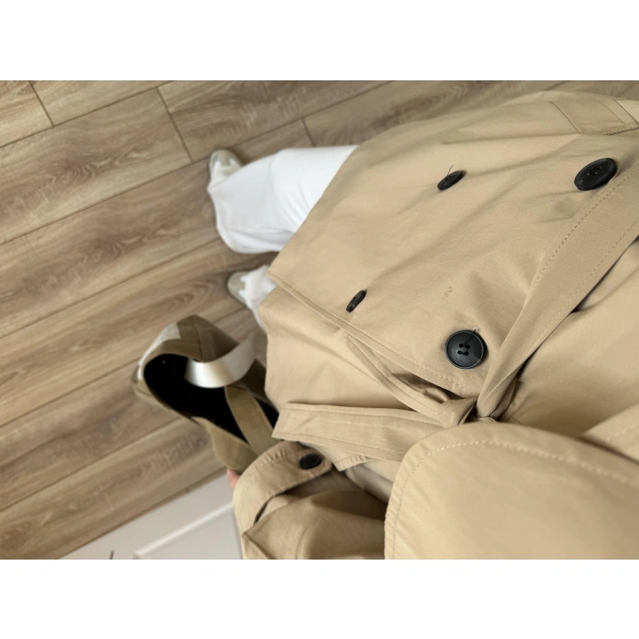 Poem Kuşaklı Astarlı Oversize Bej Trençkot