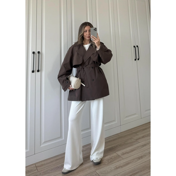 Poem Kuşaklı Astarlı Oversize Kahve Trençkot