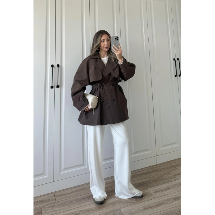 Poem Kuşaklı Astarlı Oversize Kahve Trençkot