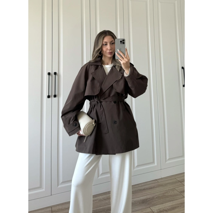 Poem Kuşaklı Astarlı Oversize Kahve Trençkot