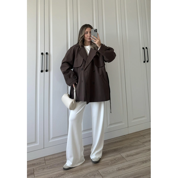 Poem Kuşaklı Astarlı Oversize Kahve Trençkot