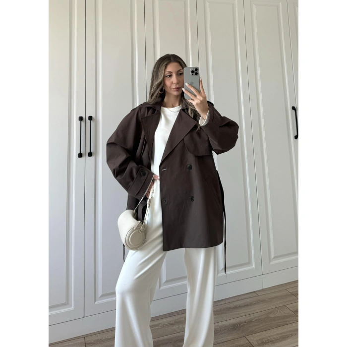 Poem Kuşaklı Astarlı Oversize Kahve Trençkot