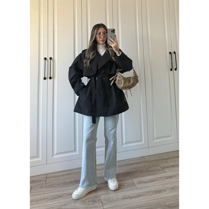 Poem Kuşaklı Astarlı Oversize Siyah Trençkot