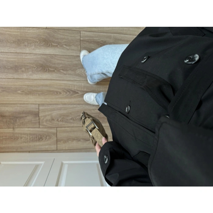 Poem Kuşaklı Astarlı Oversize Siyah Trençkot