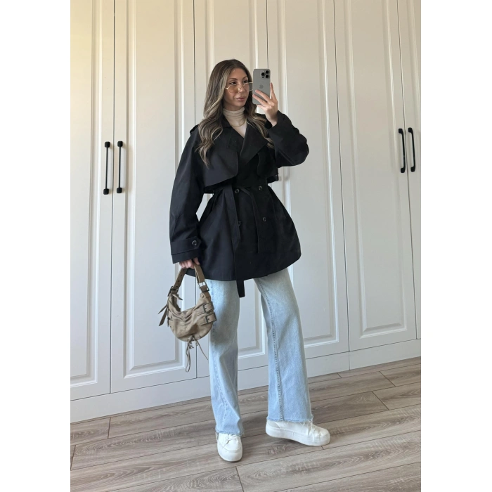 Poem Kuşaklı Astarlı Oversize Siyah Trençkot