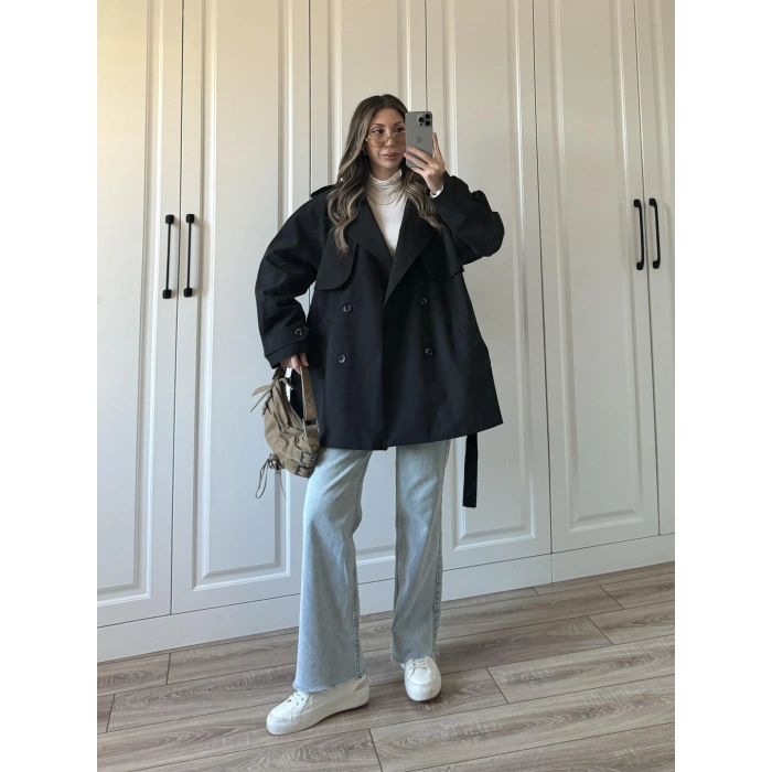 Poem Kuşaklı Astarlı Oversize Siyah Trençkot