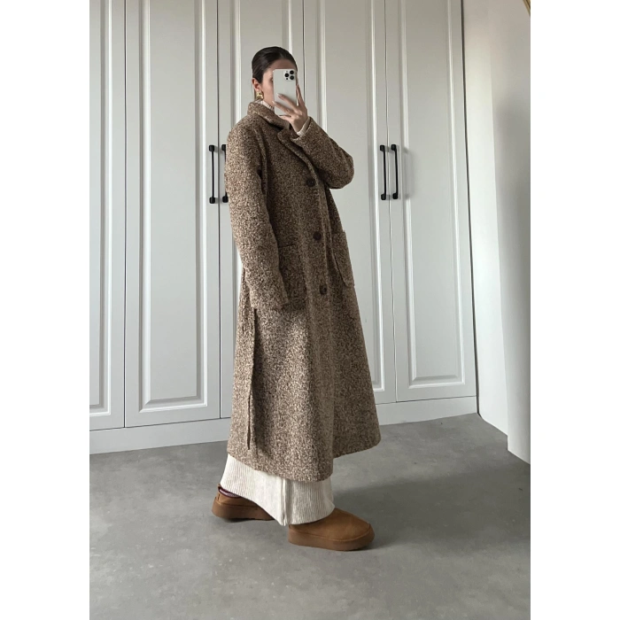 Premium Camel Astarlı Kuşaklı Kaşe Kaban