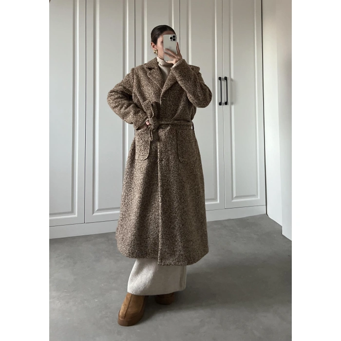 Premium Camel Astarlı Kuşaklı Kaşe Kaban