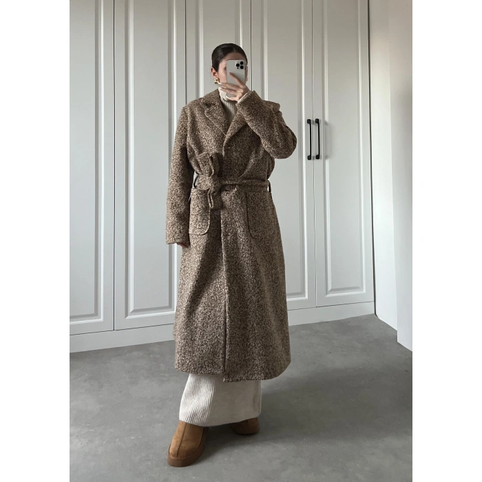 Premium Camel Astarlı Kuşaklı Kaşe Kaban