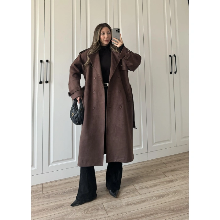 Premium Lux Kalite Astarlı Süet Kahve Trenç