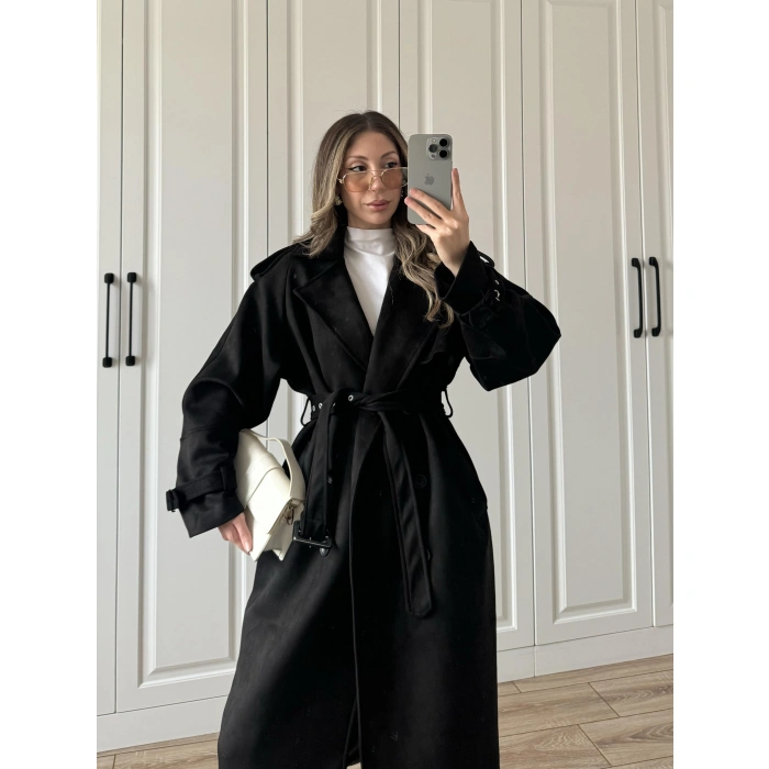 Premium Lux Kalite Astarlı Süet Siyah Trenç