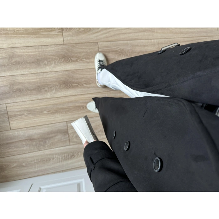 Premium Lux Kalite Astarlı Süet Siyah Trenç