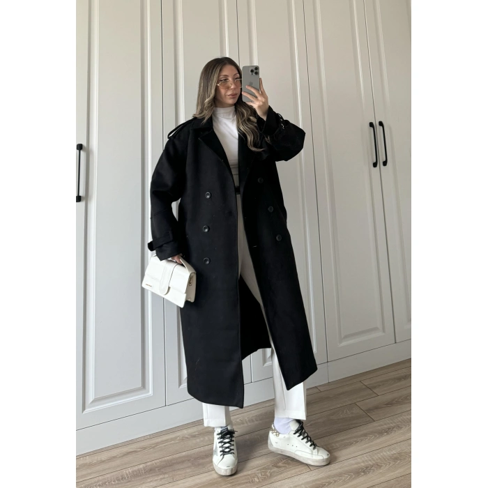 Premium Lux Kalite Astarlı Süet Siyah Trenç