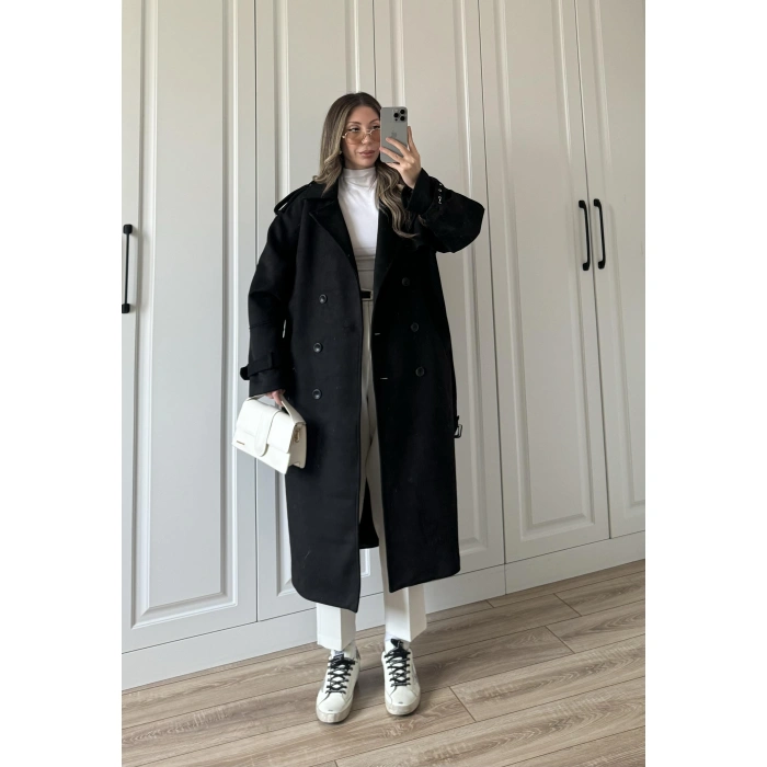 Premium Lux Kalite Astarlı Süet Siyah Trenç