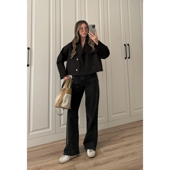 Riva Zr Model Kısa Siyah Trençkot