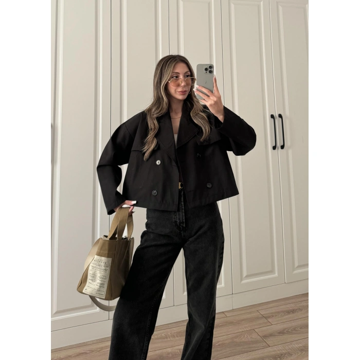 Riva Zr Model Kısa Siyah Trençkot