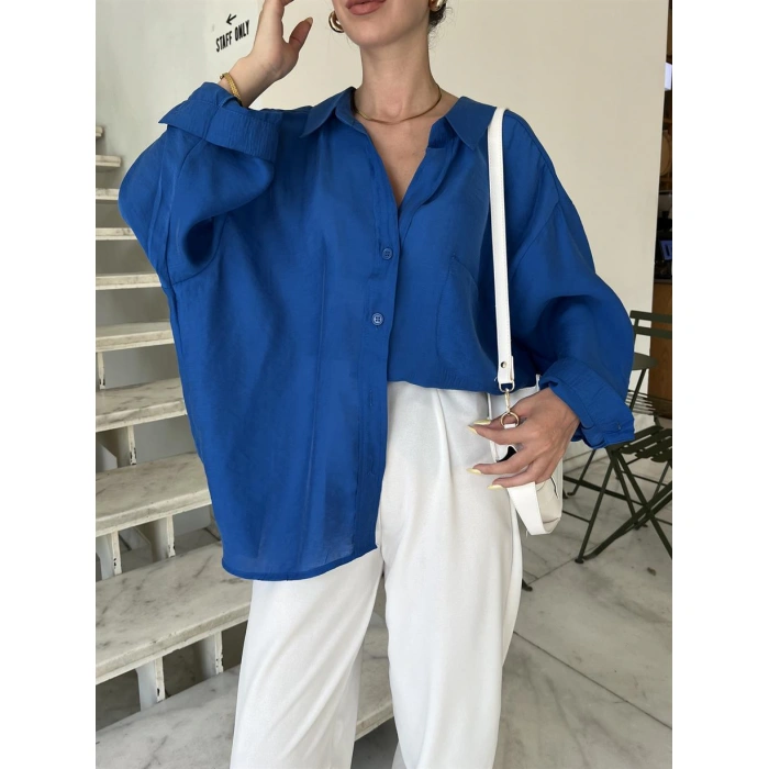 Saks Mavi Oversize Tensel Gömlek