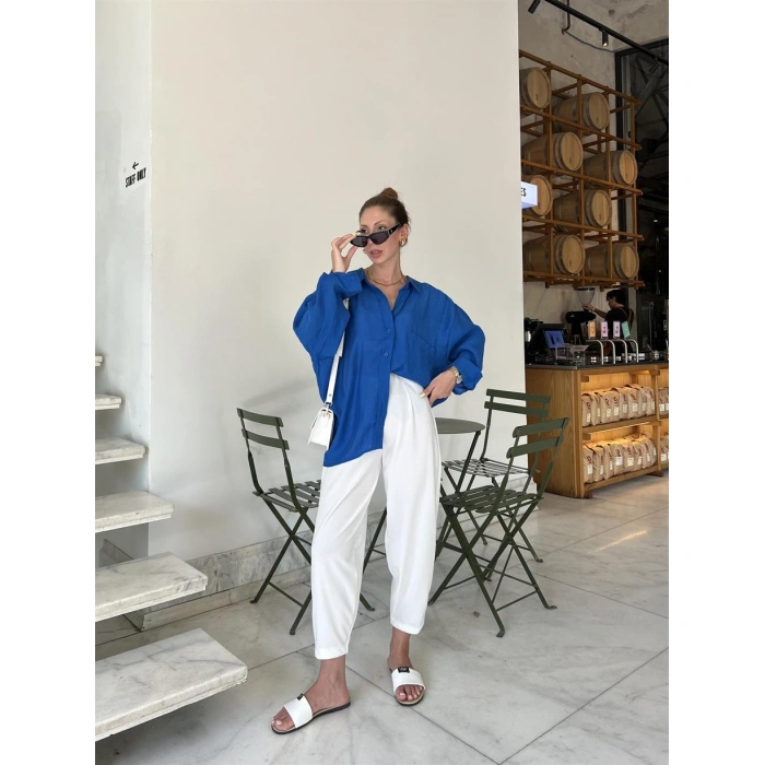 Saks Mavi Oversize Tensel Gömlek