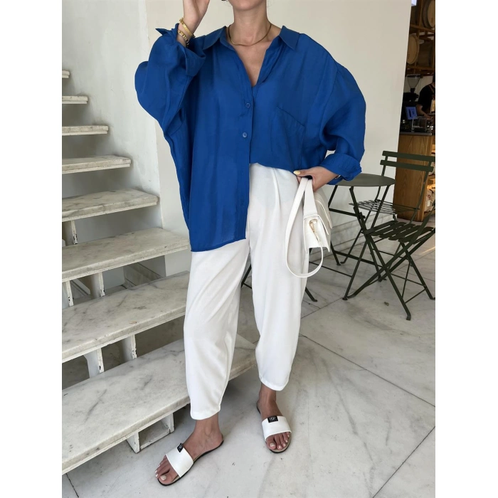 Saks Mavi Oversize Tensel Gömlek