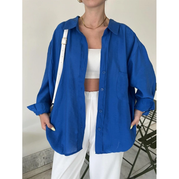 Saks Mavi Oversize Tensel Gömlek