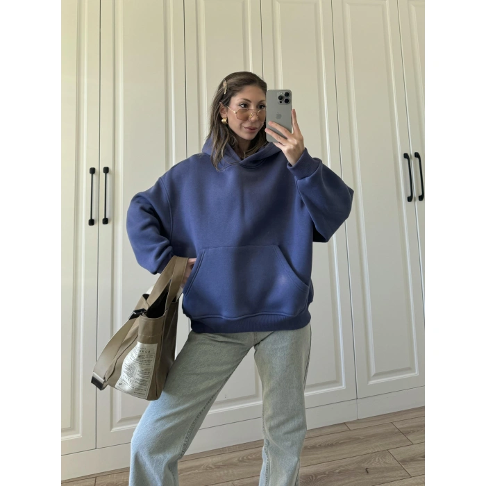 Şardonlu Oversize Mavi Sweatshirt