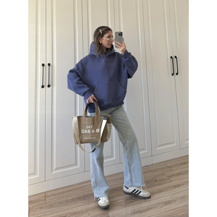 Şardonlu Oversize Mavi Sweatshirt