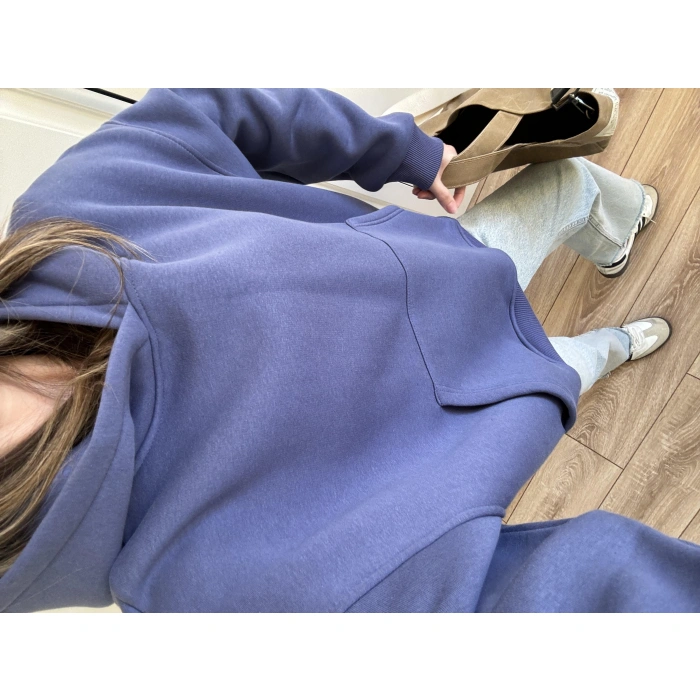 Şardonlu Oversize Mavi Sweatshirt