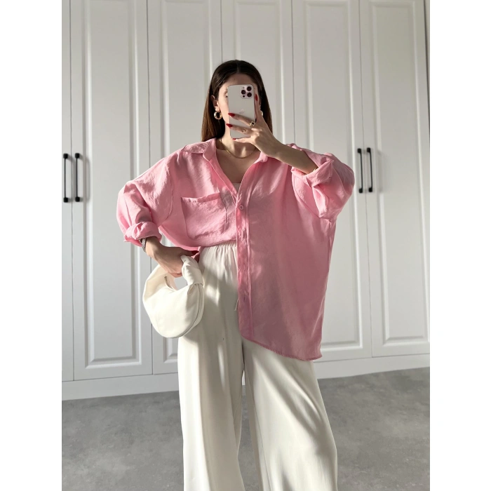 Şeker Pembesi Oversize Tensel Gömlek