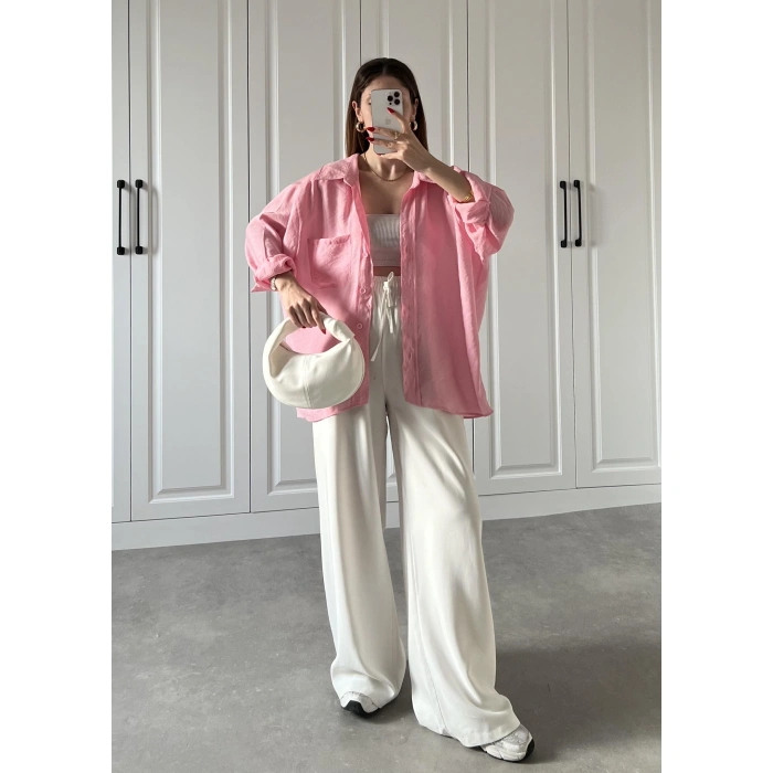 Şeker Pembesi Oversize Tensel Gömlek