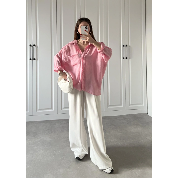 Şeker Pembesi Oversize Tensel Gömlek