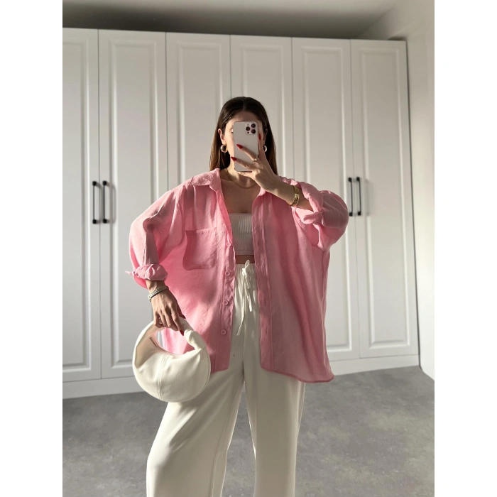Şeker Pembesi Oversize Tensel Gömlek