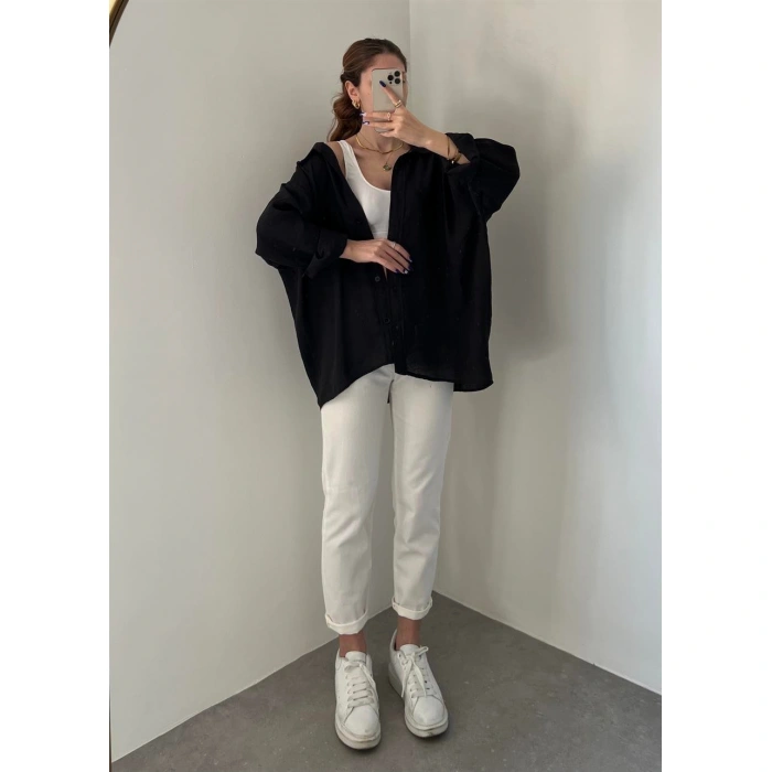 Siyah Oversize Tensel Gömlek