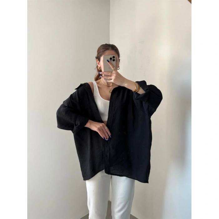 Siyah Oversize Tensel Gömlek