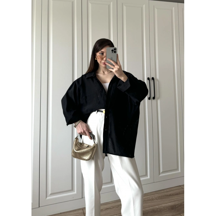 Siyah Oversize Tensel Gömlek