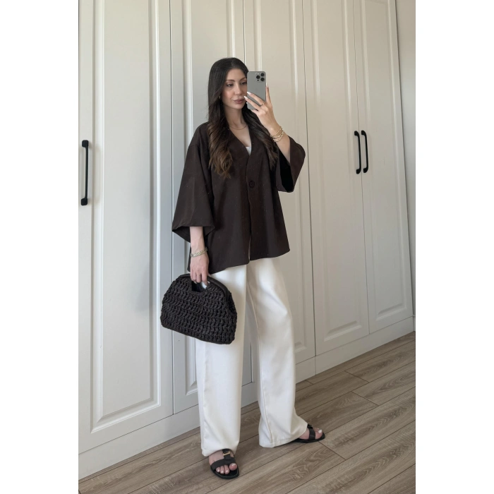 Sofi Düğmeli Oversize Kahve Crep Kumaş Gömlek