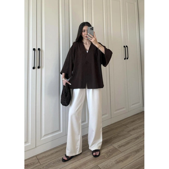 Sofi Düğmeli Oversize Kahve Crep Kumaş Gömlek