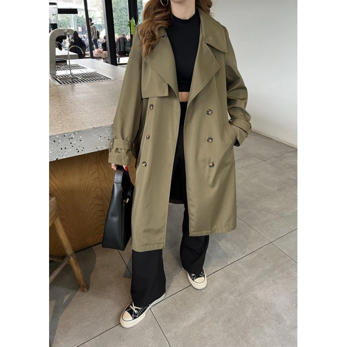 Stradi Model Haki Astarlı Uzun Trençkot