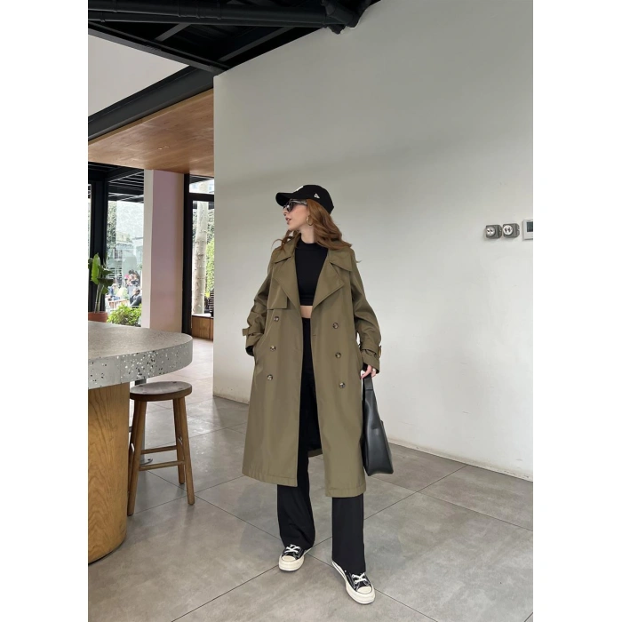 Stradi Model Haki Astarlı Uzun Trençkot