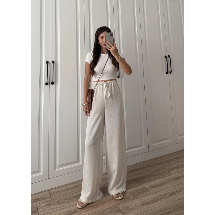Stradi Model Keten Beyaz Palazzo Pantolon