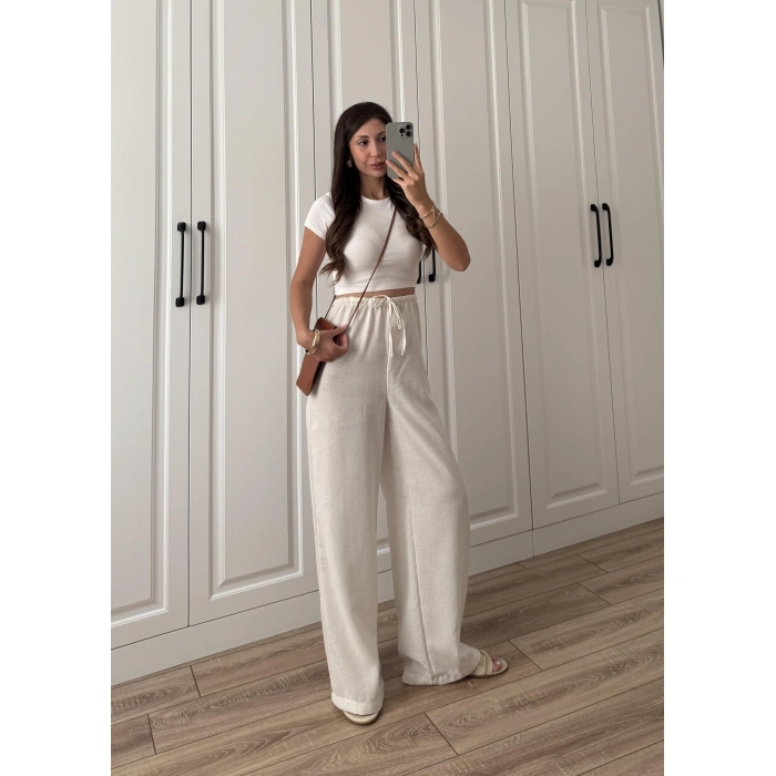 Stradi Model Keten Beyaz Palazzo Pantolon