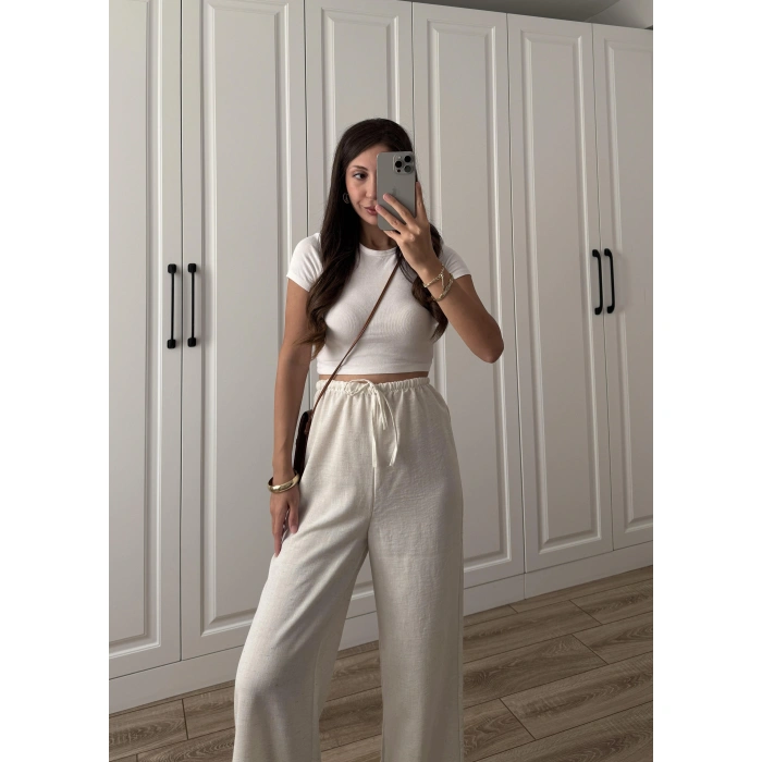 Stradi Model Keten Beyaz Palazzo Pantolon
